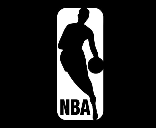 NBA logo featuring a silhouette of a basketball player dribbling a ball on a white rectangular background