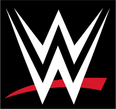 WWE logo featuring a white W with a red curved banner across the center on black background